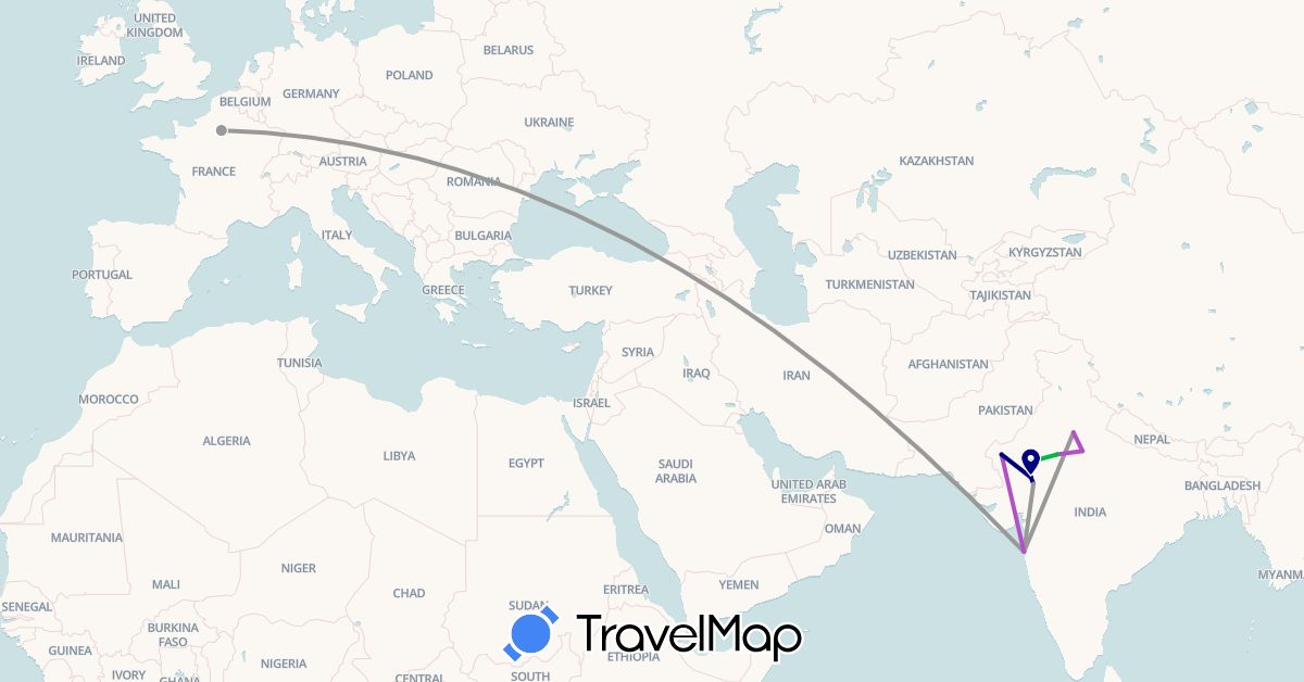 TravelMap itinerary: driving, bus, plane, train in France, India (Asia, Europe)